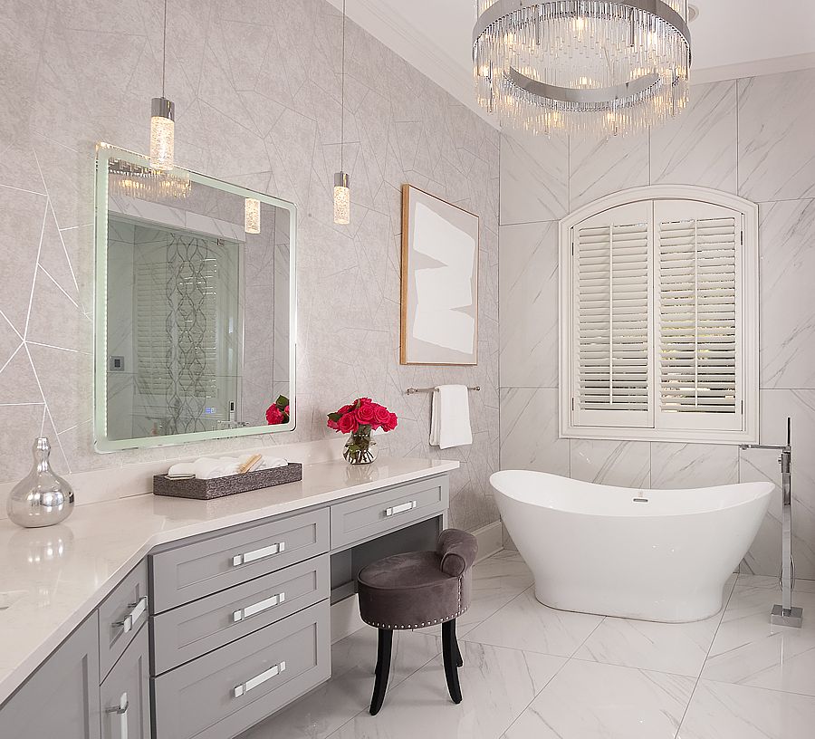 Add a touch of glamor to your bathroom with a modern wallpaper.