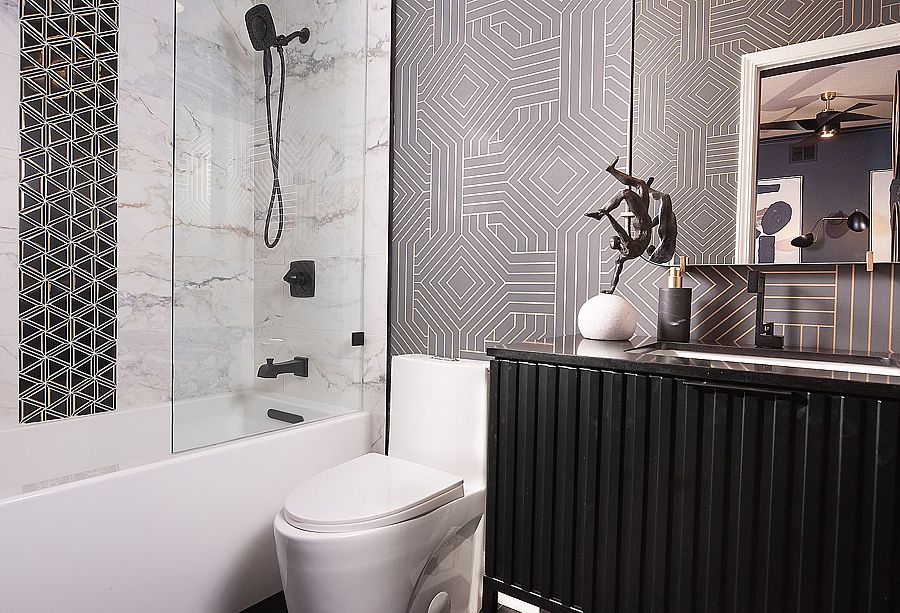 Pair wallpaper with a tile of similar color for glamor and sophistication.